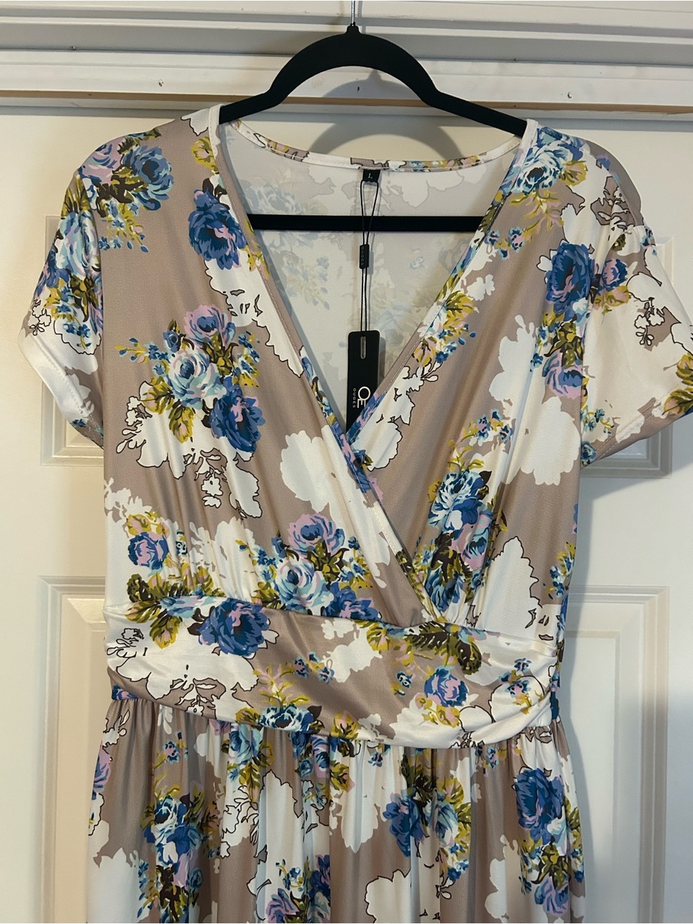 Floral Wrap-Front Maxi Dress in Taupe and Blue